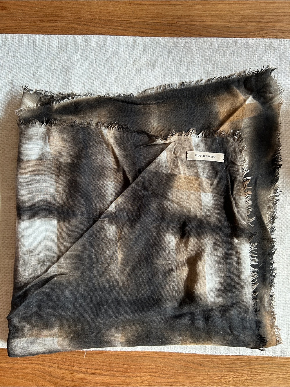 Burberry Plaid Frayed-Edge Throw in Black and Tan